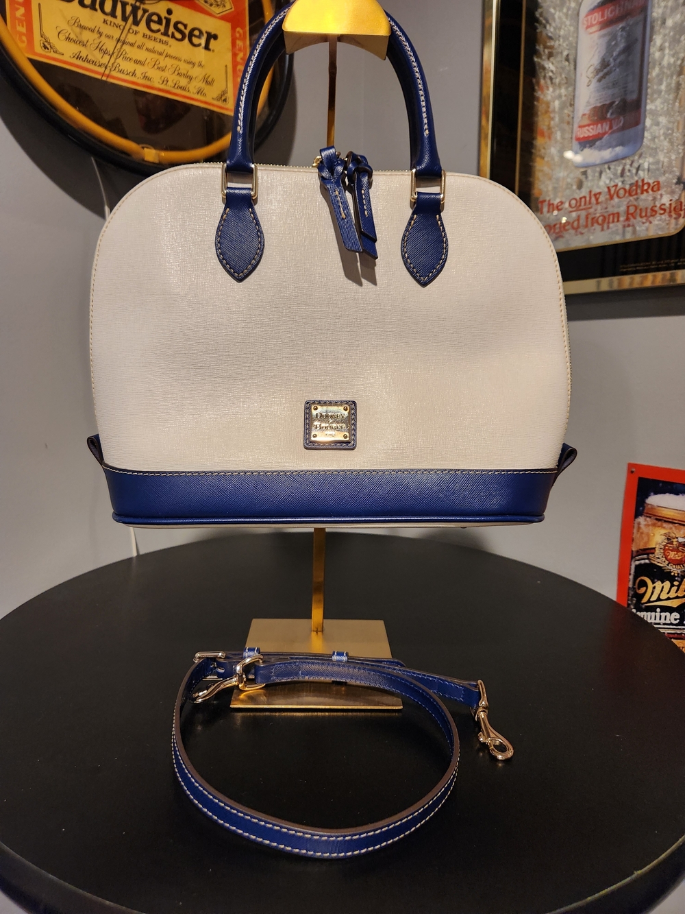 Dooney & Bourke White and Navy Zip Zip Satchel